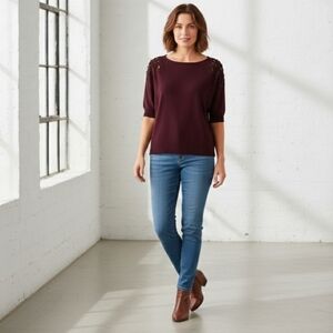 Luna Chic Burgundy Knit Sweater with Shoulder Embellishments